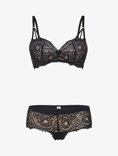 Ensemble en dentelle à bretelles stylisées - noir/beige - 1