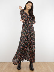 Robe longue cache-coeur imprimé fleurs abstraites - noir - 4