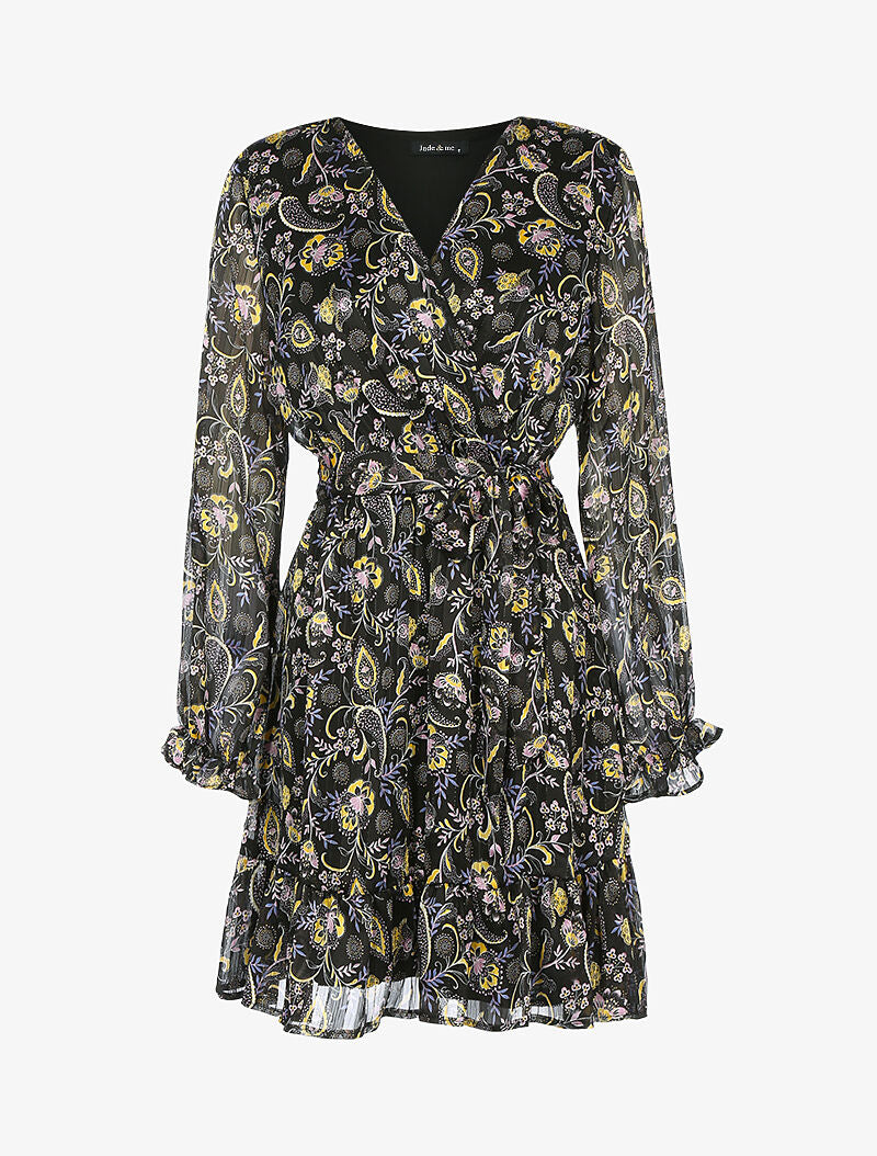 Robe à rayures irisées et fleurs stylisées - noir - 1
