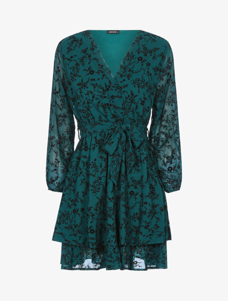 Robe patineuse effet velours fleurie - vert foncé - 3