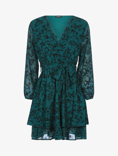 Robe patineuse effet velours fleurie - vert foncé - 3