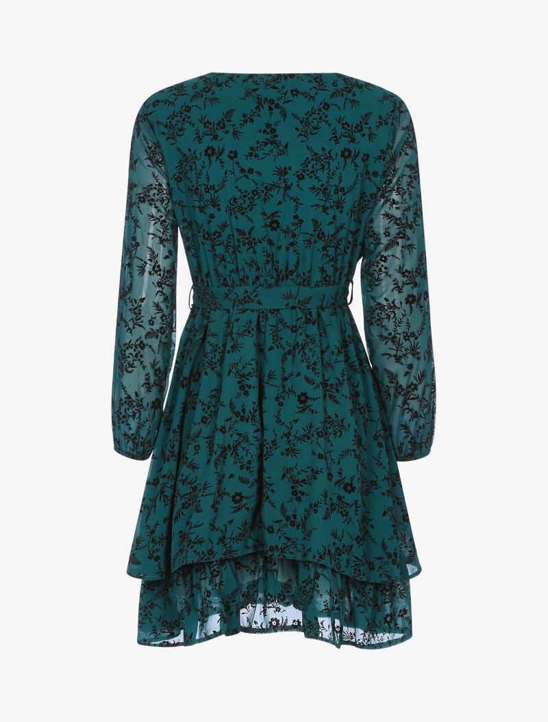 Robe patineuse effet velours fleurie - vert foncé - 2