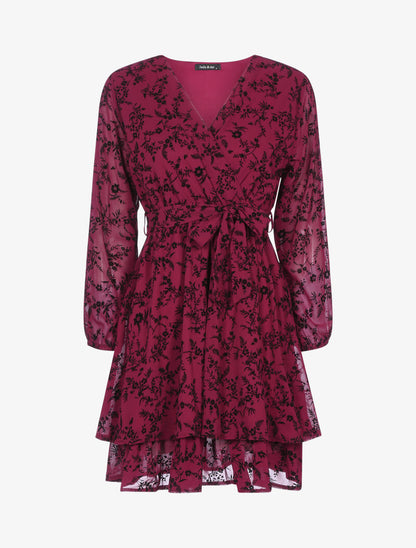 Robe patineuse effet velours fleurie - bordeaux - 1