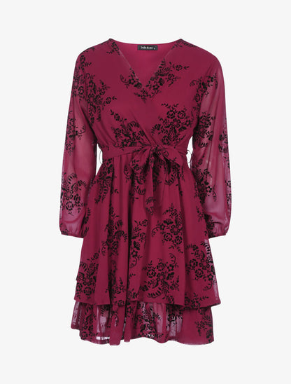 Robe patineuse effet velours et fleurs graphiques - bordeaux - 3