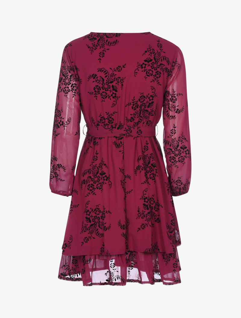 Robe patineuse effet velours et fleurs graphiques - bordeaux - 2