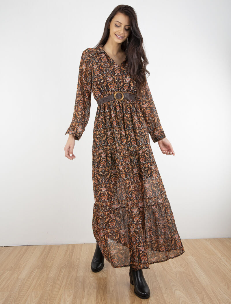 Robe longue légère à basque imprimé baroque - noir - 1