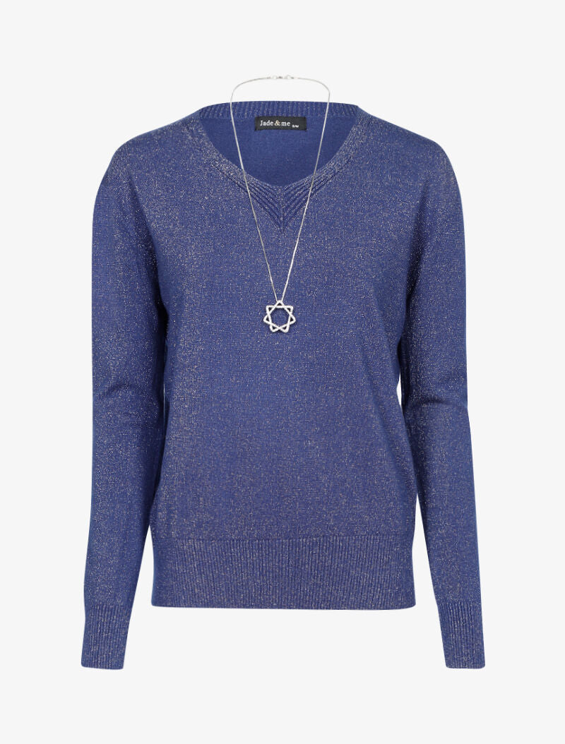 Pull loose pailleté à col V - bleu - 3