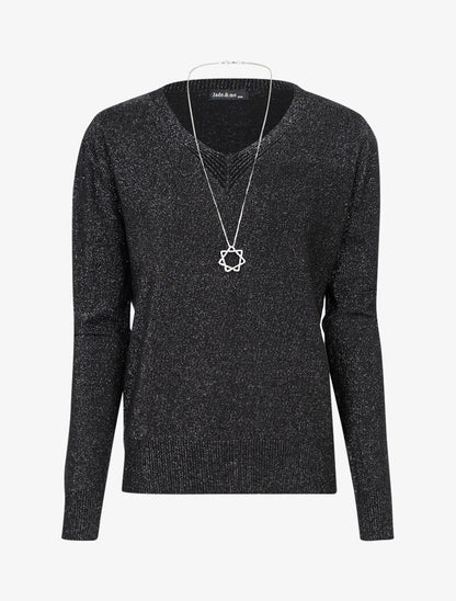 Pull loose pailleté à col V - noir - 3