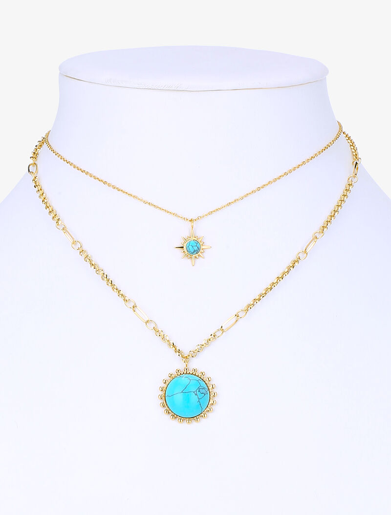 Collier multirang à soleils stylisés marbrés - or/turquoise - 1