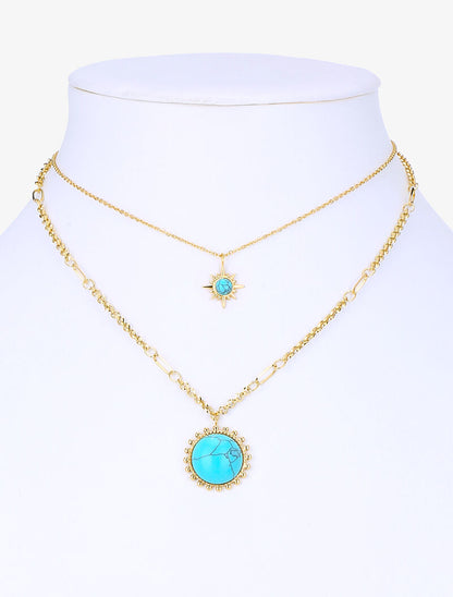 Collier multirang à soleils stylisés marbrés - or/turquoise - 1