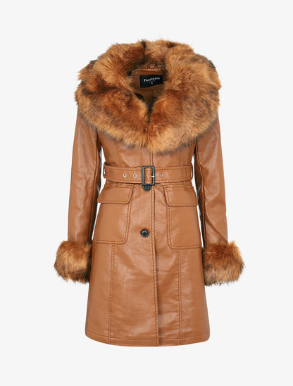 Manteau en simili à bords fourrure - camel - 3