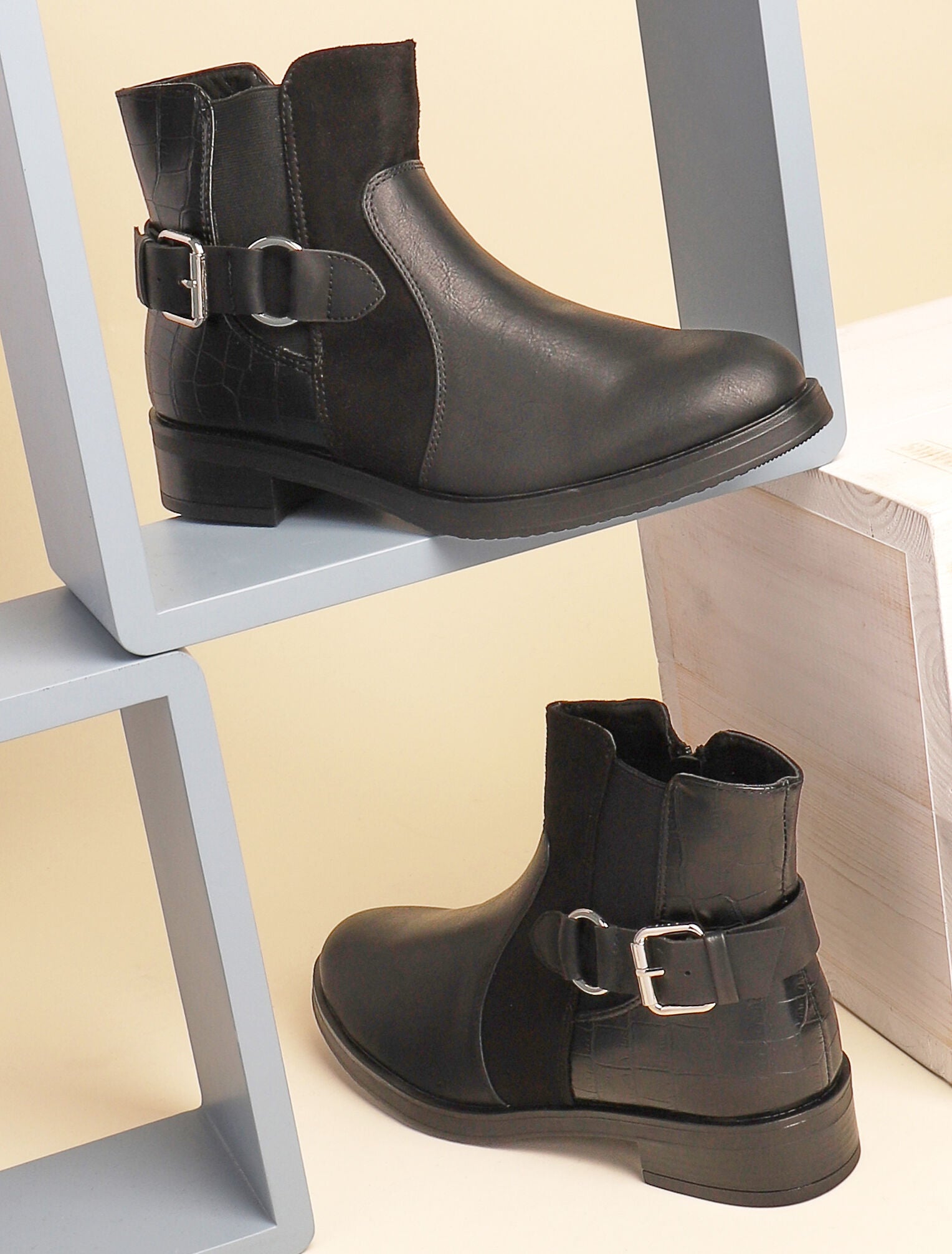 Boots bimatière basses à contrefort croco - noir - 1