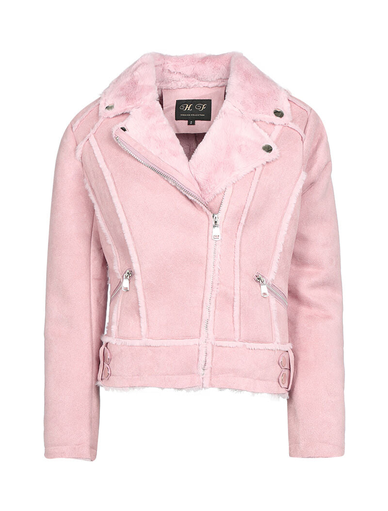 Veste suédée à col fourrure - rose - 3