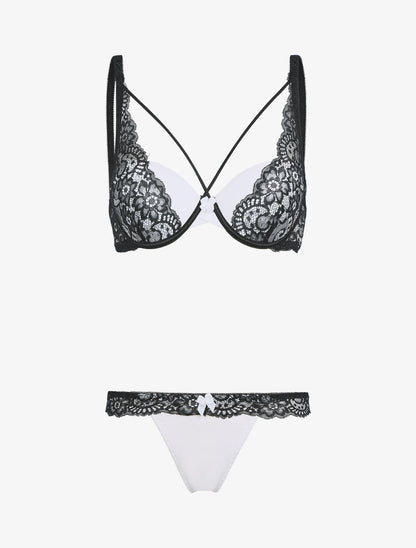 Ensemble corbeille lace out et tanga - blanc et noir - 3