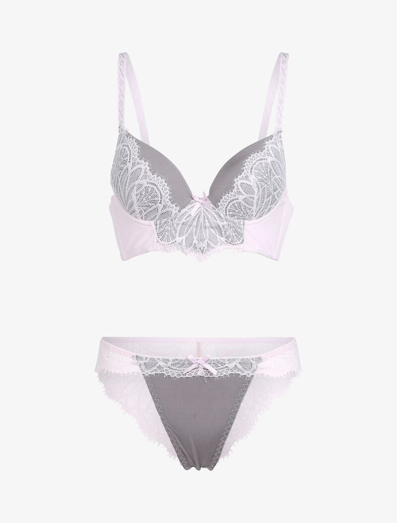 Ensemble à dentelle échancrée - gris/rose pâle - 1