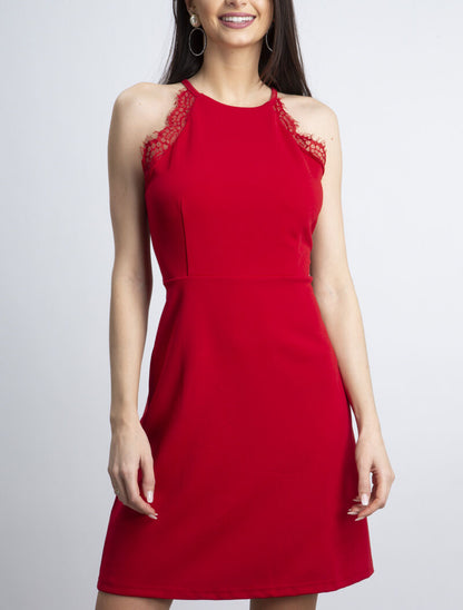 Robe à col américain et dentelle - rouge - 2