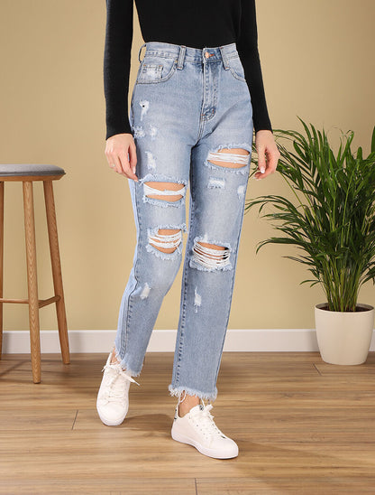 Jean boyfriend destroy - denim clair - 1