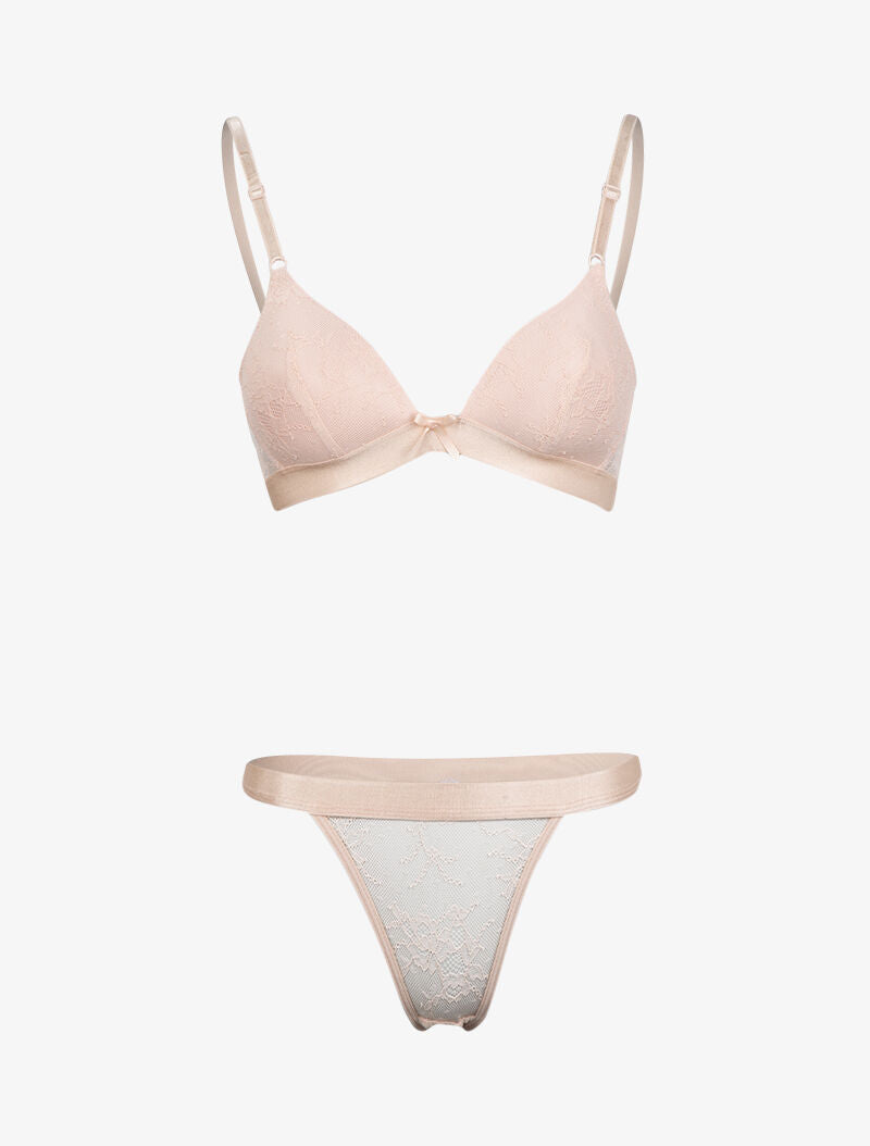Ensemble en dentelle fleurie et résille - rose - 1