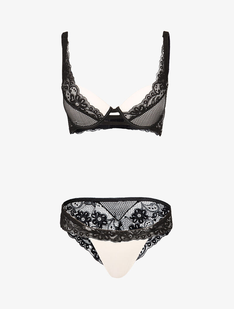 Ensemble satiné à empiècements résille et dentelle - noir/blanc - 1