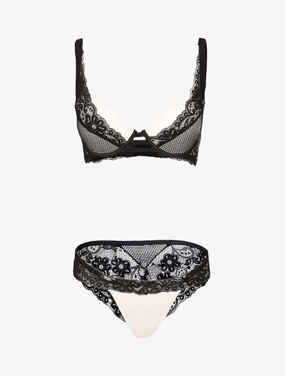 Ensemble satiné à empiècements résille et dentelle - noir/blanc - 1