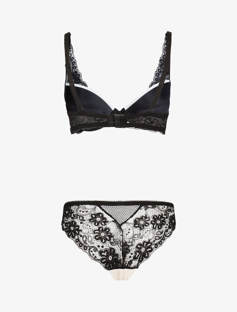 Ensemble satiné à empiècements résille et dentelle - noir/blanc - 2