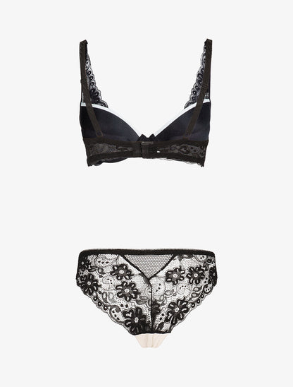 Ensemble satiné à empiècements résille et dentelle - noir/blanc - 2