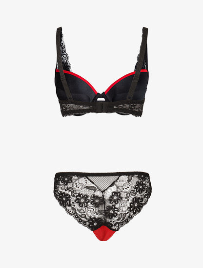 Ensemble satiné à empiècements résille et dentelle - noir/rouge - 2