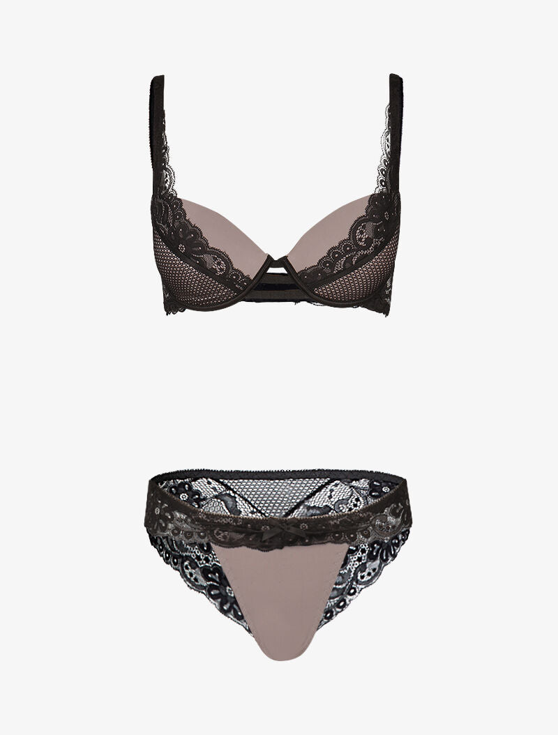 Ensemble satiné à empiècements résille et dentelle - noir/gris foncé - 1