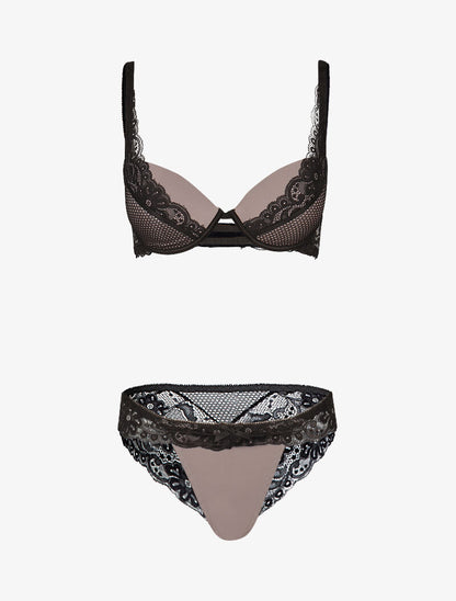 Ensemble satiné à empiècements résille et dentelle - noir/gris foncé - 1