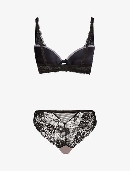 Ensemble satiné à empiècements résille et dentelle - noir/gris foncé - 2