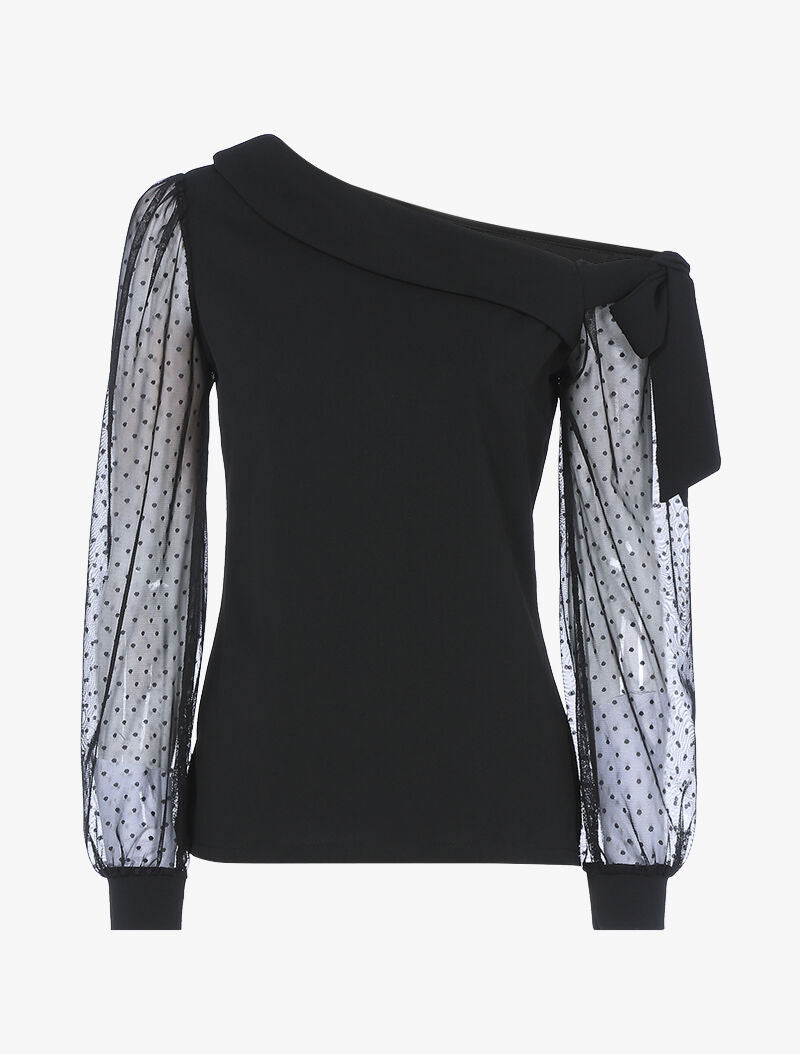 Top à encolure asymétrique et tulle - noir - 1