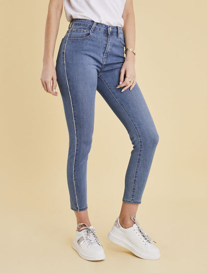 Jean skinny à liserés en strass - bleu denim - 4