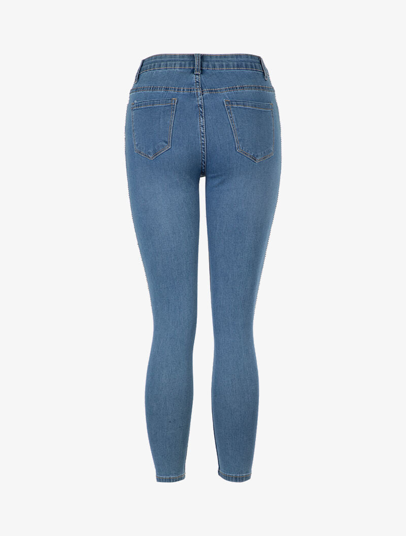 Jean skinny à liserés en strass - bleu denim - 3