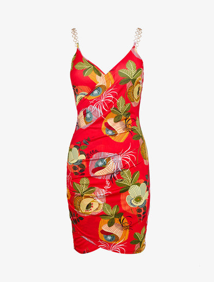 Robe imprimé à bretelles style chaînes - rouge - 3