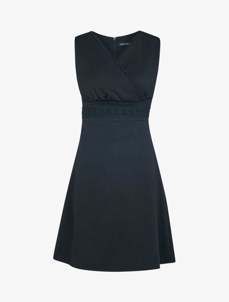 Robe unie à taille marquée à bande brodée - noir - 1