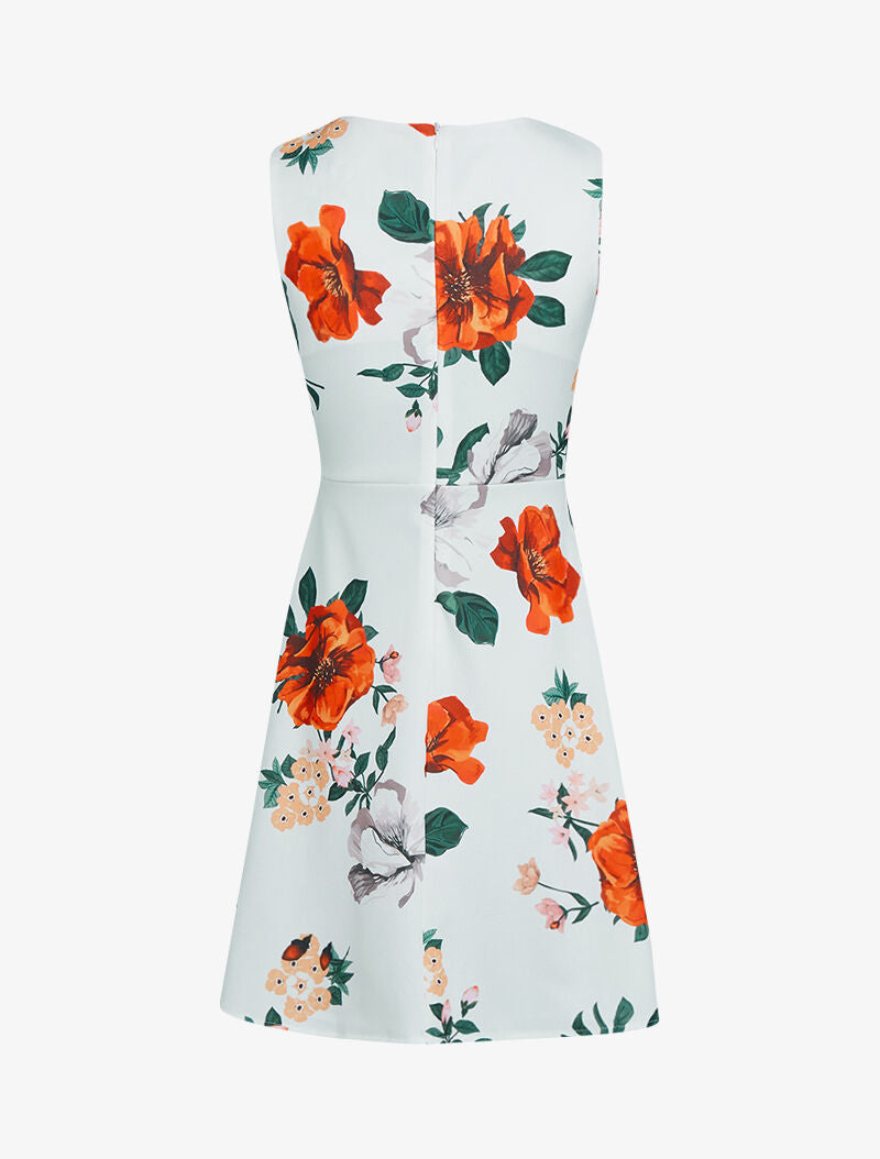 Robe fleurie à taille marquée à bande brodée - blanc - 2