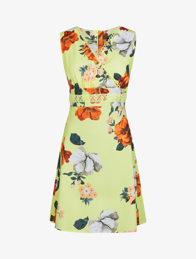 Robe fleurie à taille marquée à bande brodée - jaune - 1