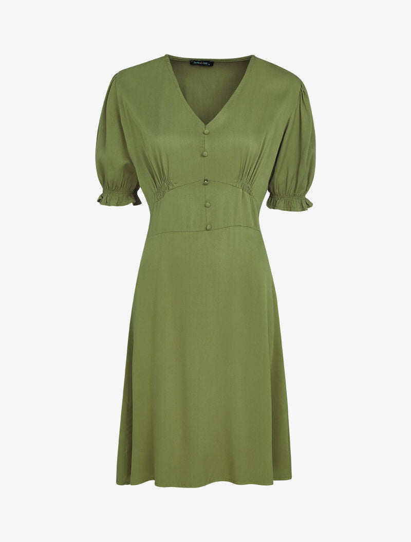Robe patineuse à boutons décoratifs - kaki - 1