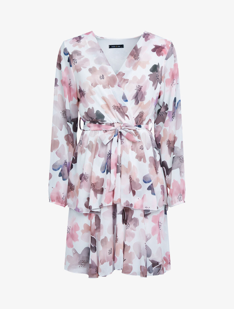 Robe à volants et imprimés - blanc - 1