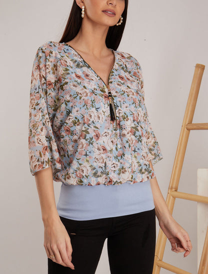 Top à imprimés et zip contrastant - bleu ciel - 1