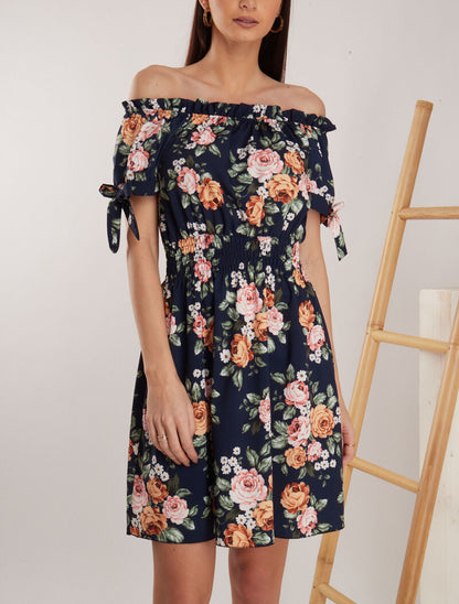 Robe patineuse imprimée à col bardot - marine - 4