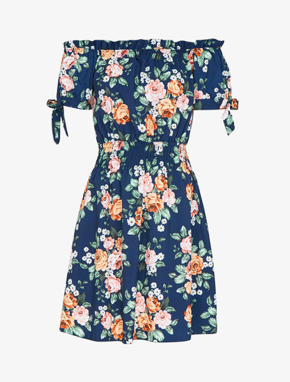Robe patineuse imprimée à col bardot - marine - 2