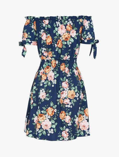Robe patineuse imprimée à col bardot - marine - 3