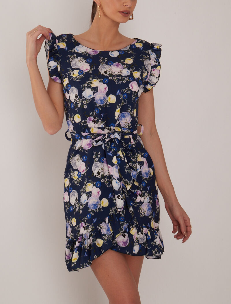 Robe à imprimé floral graphique - marine - 1