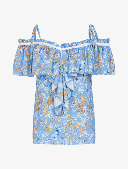 Top fleuri à épaules nues - bleu ciel - 1