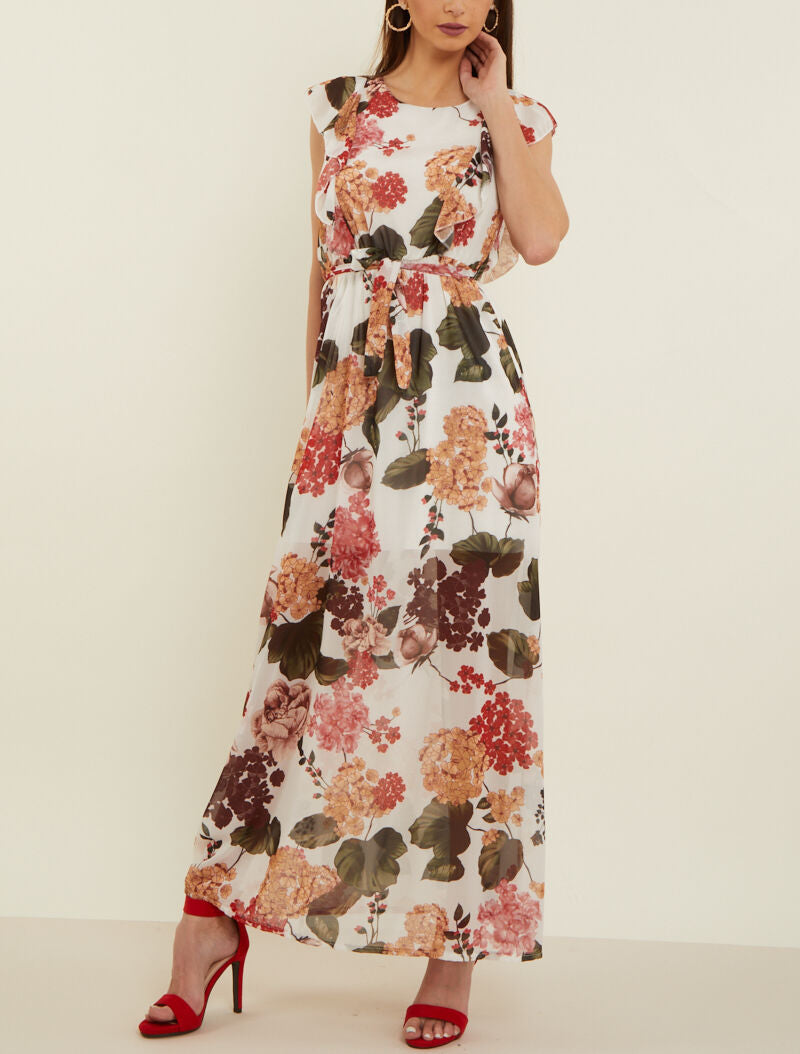Robe fleurie à buste volanté - ecru - 4