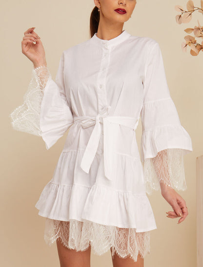 Robe trapèze à volants et dentelle - blanc - 1