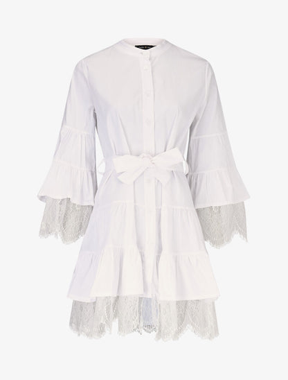 Robe trapèze à volants et dentelle - blanc - 2