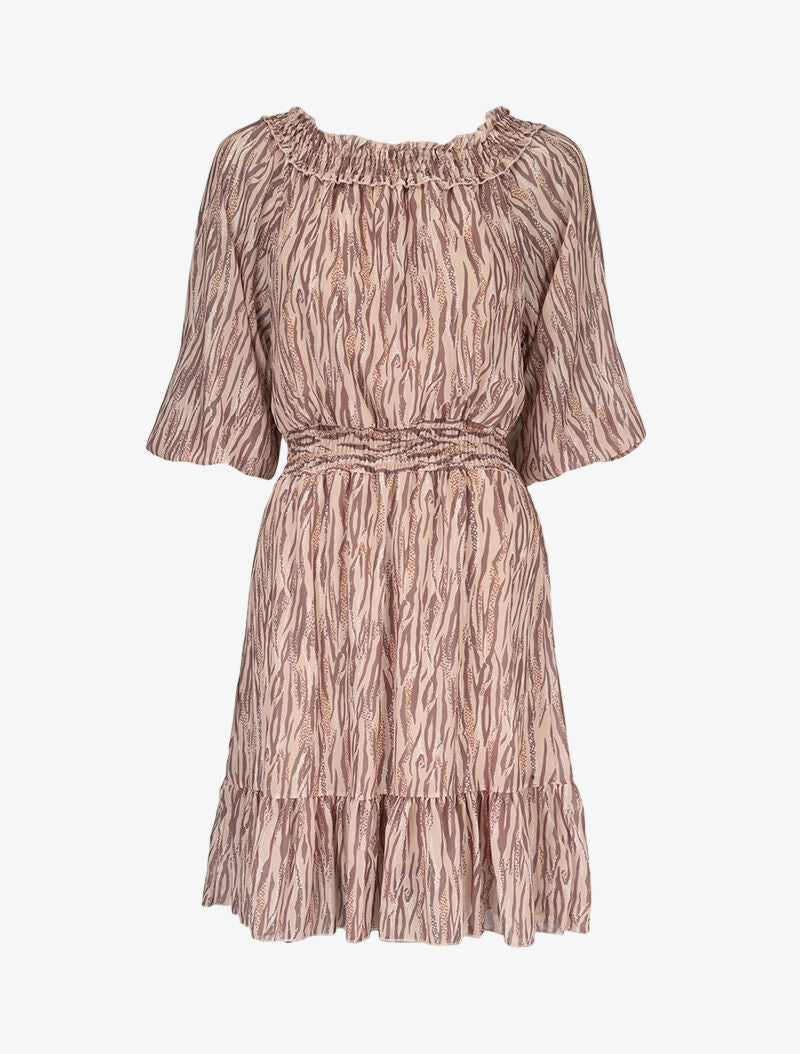 Robe à col bardot et imprimés - camel - 1