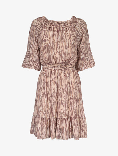 Robe à col bardot et imprimés - camel - 1